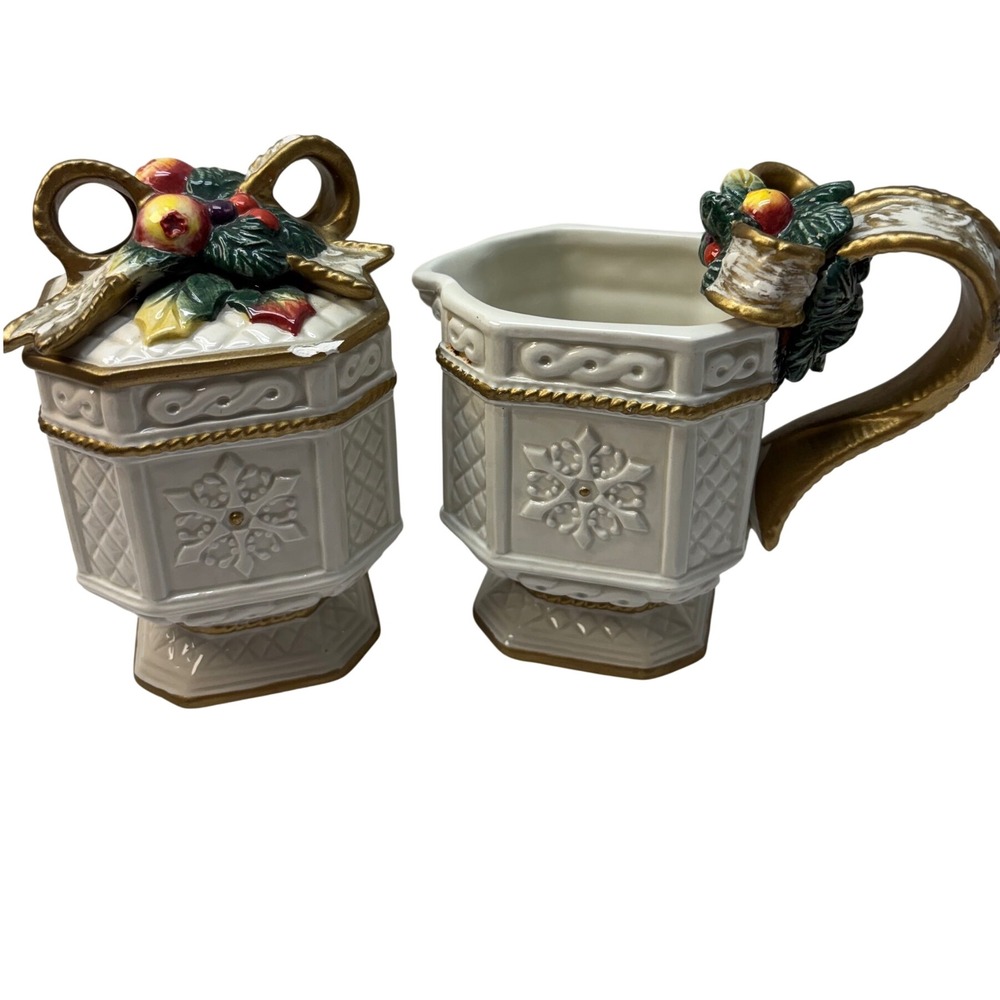 Fitz and Floyd Christmas Sugar Bowl and Creamer Set White Gold Holly Berry